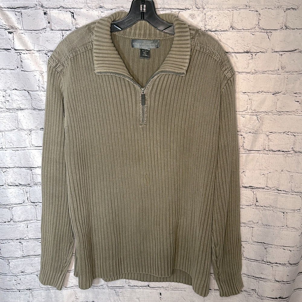 Oscar De La Renta Sweater Knit Ribbed zip front Pull Over tan Large 100% cotton